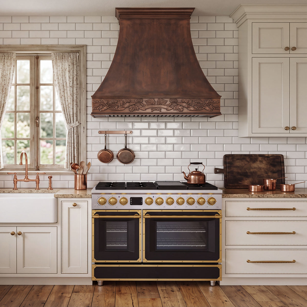 Smooth Curved Custom Copper Range Hood with Decorative Apron