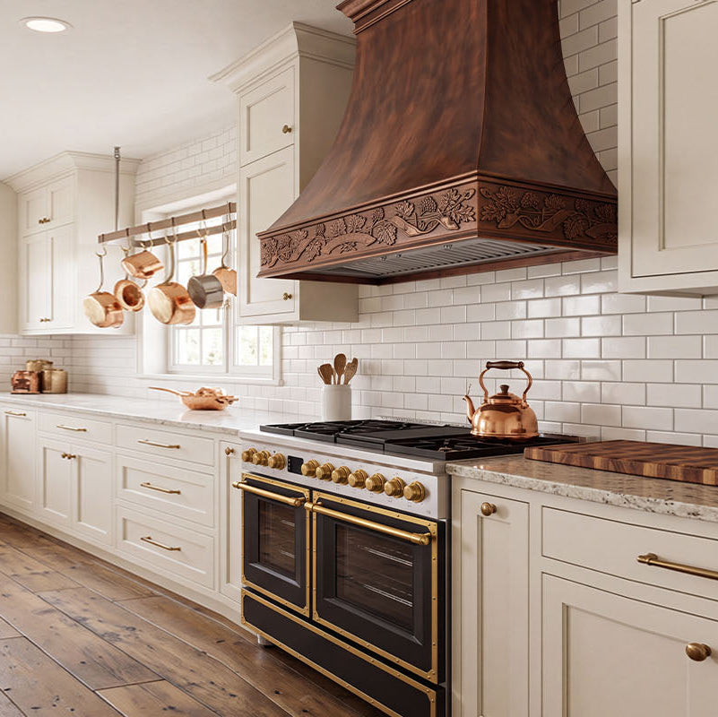 Smooth Curved Custom Copper Range Hood with Decorative Apron