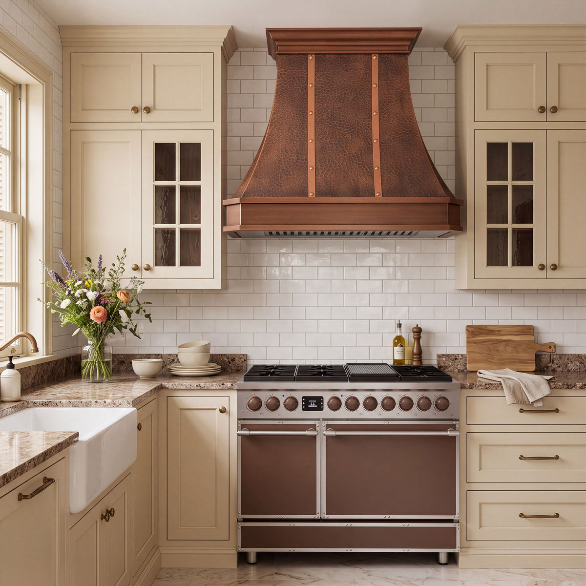 Faceted Curved Custom Copper Range Hood with Vertical Straps and Contrasting Trim