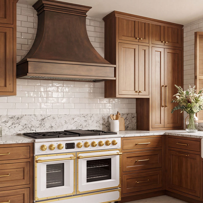 Smooth Curved Custom Copper Range Hood with Streamlined Apron