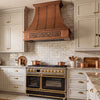 Smooth Curved Custom Copper Range Hood with Straps and Decorative Apron