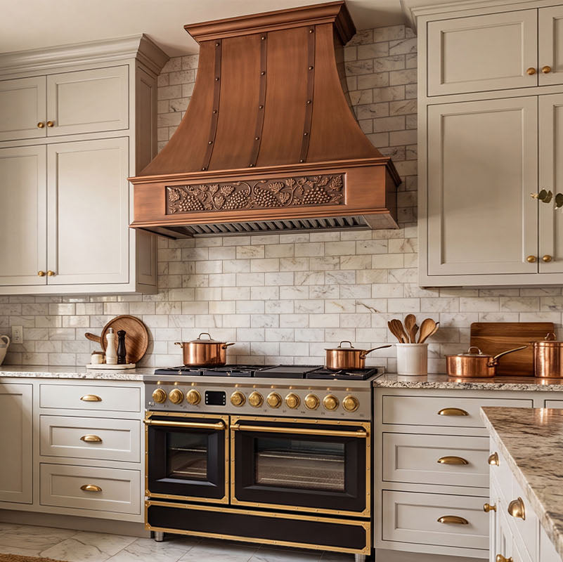 Smooth Curved Custom Copper Range Hood with Straps and Decorative Apron