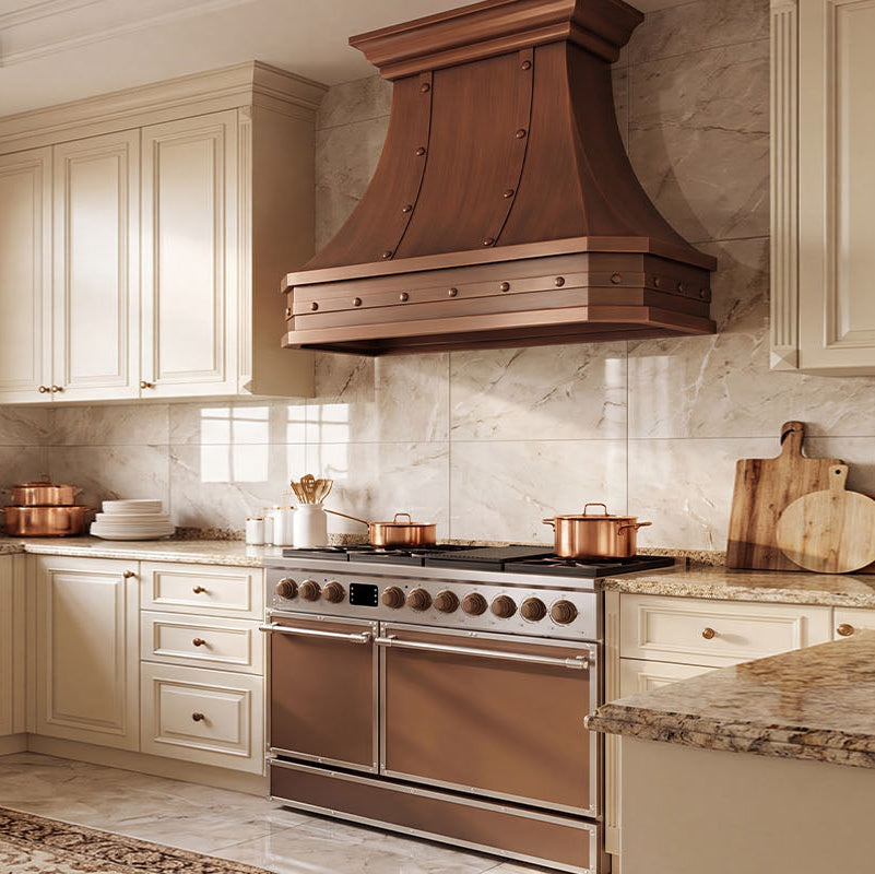 Faceted Curved Custom Copper Range Hood with Riveted Panels and Apron